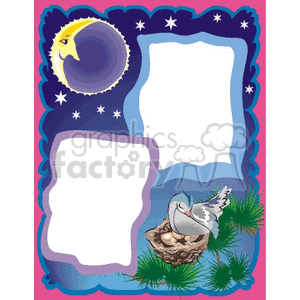 Border of a moon and a bird sitting on eggs in her nest