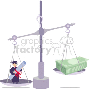Cartoon scale with graduate and money clipart.