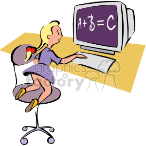 clipart - Cartoon student learning on a computer .