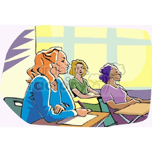 Cartoon adult students sitting in a classroom