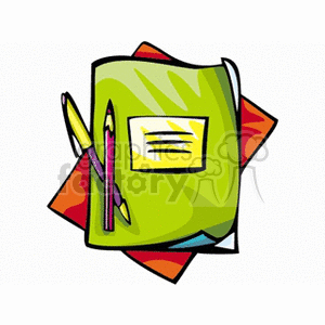 clipart - Cartoon composition notebook with pen and pencil .