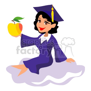 A Girl in Her Blue Cap and Gown Sitting Holding a Golden Apple clipart.