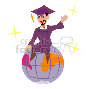 A Man in a Purple Cap and Gown Sitting on a Globe clipart.