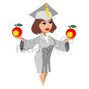 A Graduate in a White Cap and Gown holding Two Red Apples clipart.