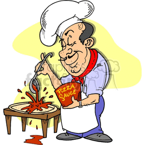The clipart image shows a pizza maker guy or chef cooking a pizza. He is holding a pizza sauce can, putting sauce on a raw pizza. The image depicts the process of making a commercial pizza, which involves cooking and preparing various ingredients to create a finished dish that can be served to customers who are eating out.
