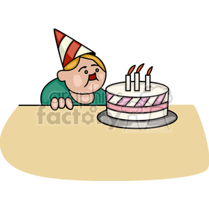 A little boy in a birthday hat blowing out candles on a birthday cake clipart. Royalty-free image # 142563