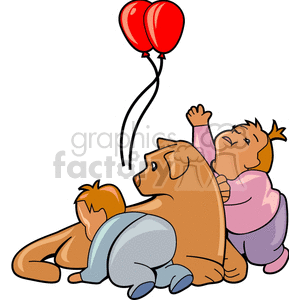 Two children playing on a dog and chasing balloons