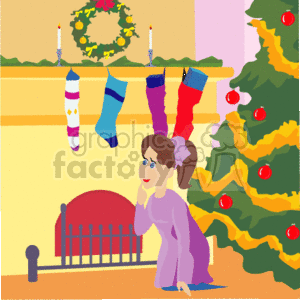 clipart - Stamp of a Girl Waiting by the fireplace for Santa Claus.