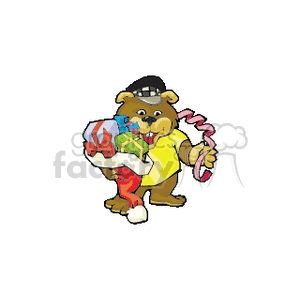 Brown Bear Holding a Santa Hat Filled With Gifts clipart. Royalty-free image # 142911