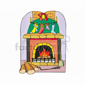 clipart - fireplace with a four Christmas Stockings .