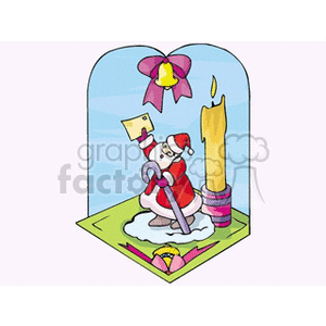 Santa Claus Holding a Letting and a Candy Cane with a Single Candle Stick 