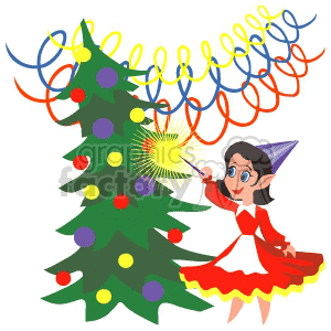 clipart - Elf Using Her Wand to Decorate The Christmas Tree.