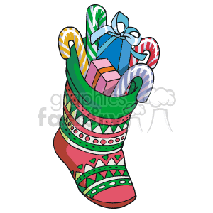 Colorful Christmas Stocking Filled with Presants and Candy Canes clipart. Commercial use image # 143587