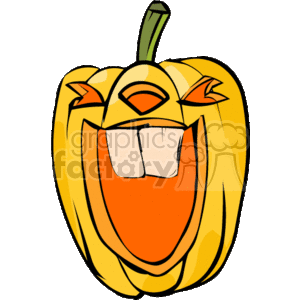 This clipart image features a stylized cartoon of a carved pumpkin, commonly associated with Halloween. The pumpkin has a mischievous facial expression with cut-out features for the eyes, nose, and a wide, toothy smile. It's designed with exaggerated shapes for a playful effect, embodying the spirit of Halloween.