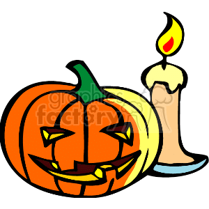 Cartoon pumpkin with a candle next to it clipart. Royalty-free image # 144717