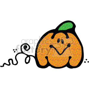 The clipart image features a cheerful cartoon pumpkin with a friendly facial expression. The pumpkin has two eyes, a nose, and a smiling mouth. Atop the pumpkin, there is a small green stem. To the side of the pumpkin, there's a curly vine with a leaf, indicating that the pumpkin is fresh off the vine. The pumpkin is dotted with small speckles, suggesting a textured surface.