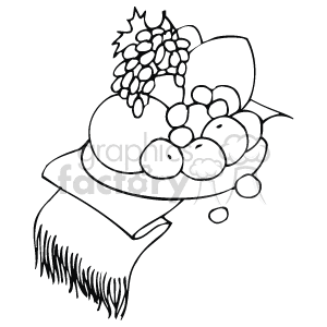 The clipart image shows what appears to be a traditional Thanksgiving cornucopia, also known as a horn of plenty, which is often used as a symbol of abundance and nourishment. Inside the cornucopia, there are various fruits depicted, prominently featuring a bunch of grapes hanging over the edge. There may be other fruits inside but they are not as easily identifiable in this black and white image.