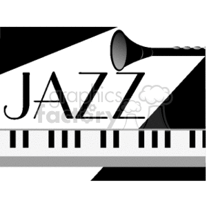 The word JAZZ in black and white. Piano keys and a horn