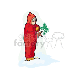 A child in a red snowsuit holding a christmas star clipart. Commercial use image # 152780