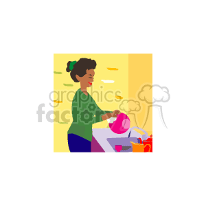 The clipart image depicts an African American mother washing dishes at the sink. She is smiling and appears content while performing the cleaning task. The image has a warm-colored background with decorative elements that give a cozy, home-like ambiance.