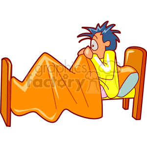 scared child in bed clipart.