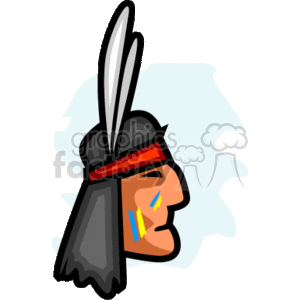 The image features a stylized illustration of a Native American, specifically characterized with elements associated with the Navajo or a generalized Plains Indian portrayal. The person is wearing a traditional headdress with a single feather, and the face is painted with colorful markings. The imagery evokes a cultural representation. 