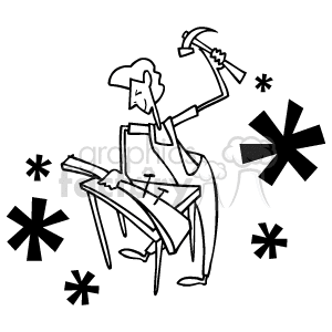 The image is a black and white line drawing of a person working as a carpenter. The carpenter appears to be wearing a work apron and a chef-like hat. They are holding a hammer in one hand and are in the motion of striking a nail on a piece of wood that is supported by a sawhorse. There are asterisk-shaped embellishments scattered around, possibly indicating the act of hammering or the sound it makes.