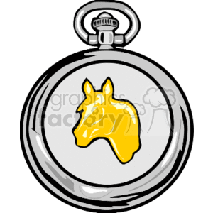 A Silver Pocket Watch with a Gold Horse on it clipart. Royalty-free image # 156817