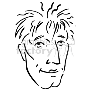 The image appears to be a line art representation of a person's face. It features defined lines to represent the eyes, eyebrows, nose, mouth, and the outline of the face. The hair is depicted with jagged lines suggesting an unkempt style.