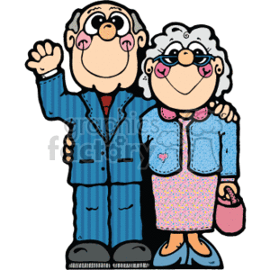 A Happy Older Couple her Holding her Purse and He Waiving