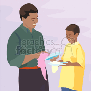 clipart - African american father and sun drying dishes.