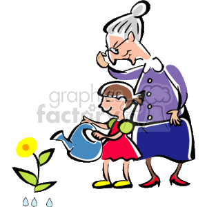 A little girl and her grandmother watering flowers clipart.