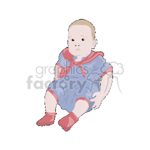 clipart - A baby sitting dressed in a blue short outfit with red kercheif and red socks.