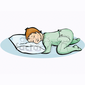 clipart - A Young Boy Sleeping on a Pillow in Green Pjs.