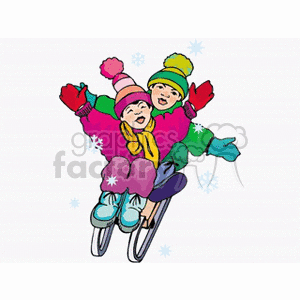 Two Happy Kids in Winter Clothes Sledding in the Snow clipart. Commercial use image # 158857