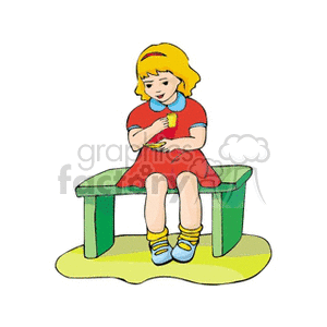 clipart - Girl in a red dress sitting on a bench.