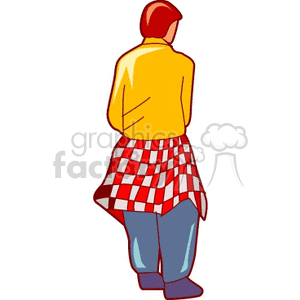 A red haired boy with his back turned with a checked shirt tied around his waist clipart.