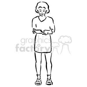 The image is a line drawing or clipart of a young girl or a student standing with her arms crossed. She is wearing a dress and sneakers. Her hair is styled in a bob cut, and she appears to be looking forward with a neutral expression.
