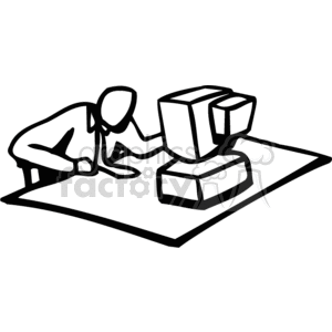 clipart - Black and white man working on a computer.