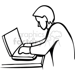 Black and white man at a desk typing  clipart.