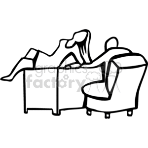 clipart - A Woman Sitting on a Desk Flirting with a Gentleman Sitting on a Chair Black and White .