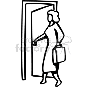 clipart - Black and white woman entering through a door.