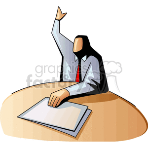 Man sitting at a table raising his hand clipart. Commercial use image # 159495