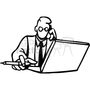 A man Busy Working on the Computer talking on the phone holding a pen