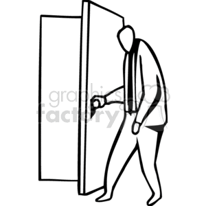 Black and white business man opening a door 