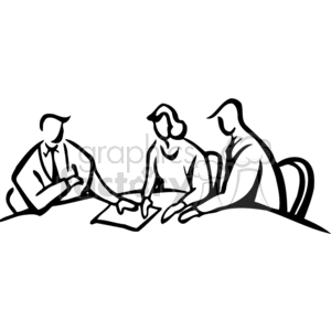 Black and white people sitting at a table discussing clipart. Royalty-free image # 159599