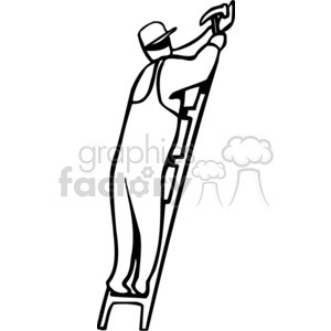 clipart - Black and white person using a hammer standing on a ladder .
