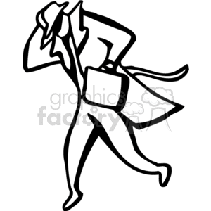 Black and White Man in a Trench Coat Holding a Case Running in the Wind clipart. Commercial use image # 159635