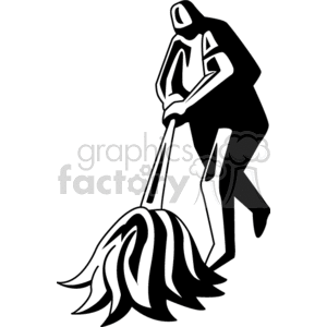 Black and white custodian with a mop clipart.