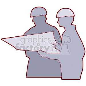 Silhouette of two construction workers looking at blueprints  clipart.